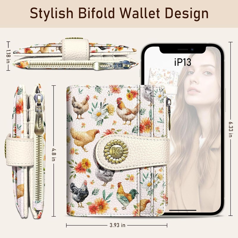 Kelvoris Roosters Chicken Small Rfid Women Wallet Bifold Zipper Coin Pocket PU Leather Compact Cash Credit Card Holder Travel Wallet for Female Ladies Teen Girls 1 ID Window 10 Card Slots - Image 5